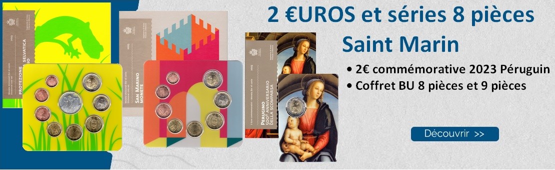 2€ commémoratives et Coffret BU Saint Marin 2023 série 8 pièces et série 9 pièces avec la 5€ argent
